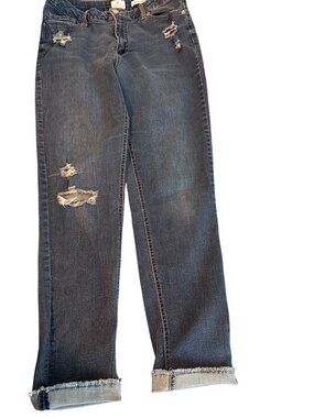True Craft Womens Patched Roll Cuff Distressed Blue Denim Jeans Raw Hem Sz 12